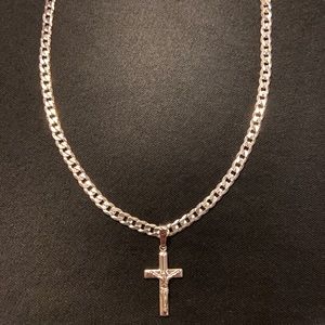 Solid Silver Chain Cuban Link 20in 4mm and Silver Cross 925 Italy Made in Italy